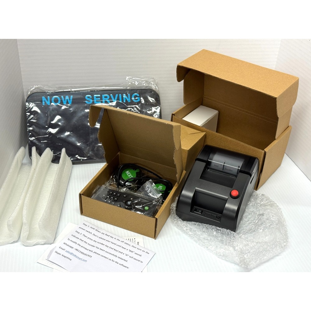 Wireless Queue NOW SERVING System, 3 Next Call Buttons, Ticket Dispenser Printer